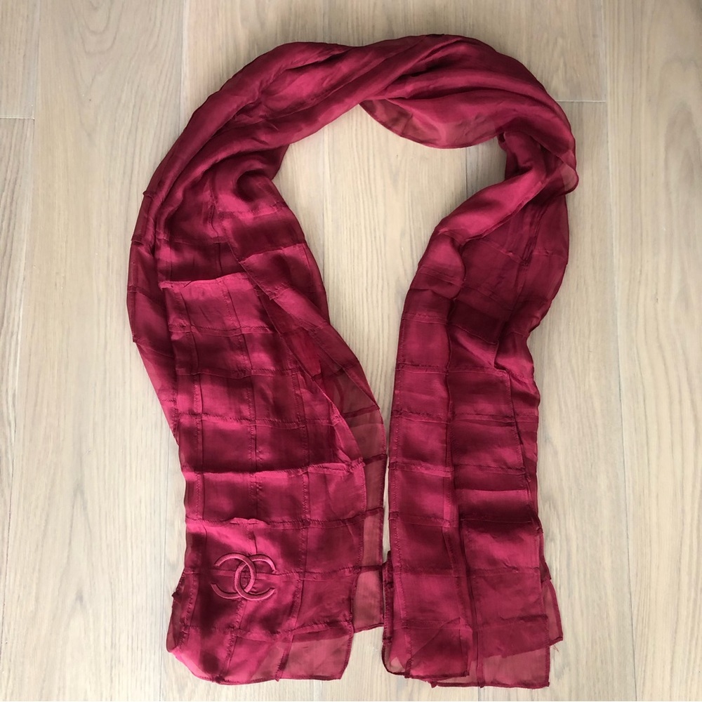 Chanel Silk Long Scarf Maroon Red Grid CC Logo Sheer | Authentic Designer